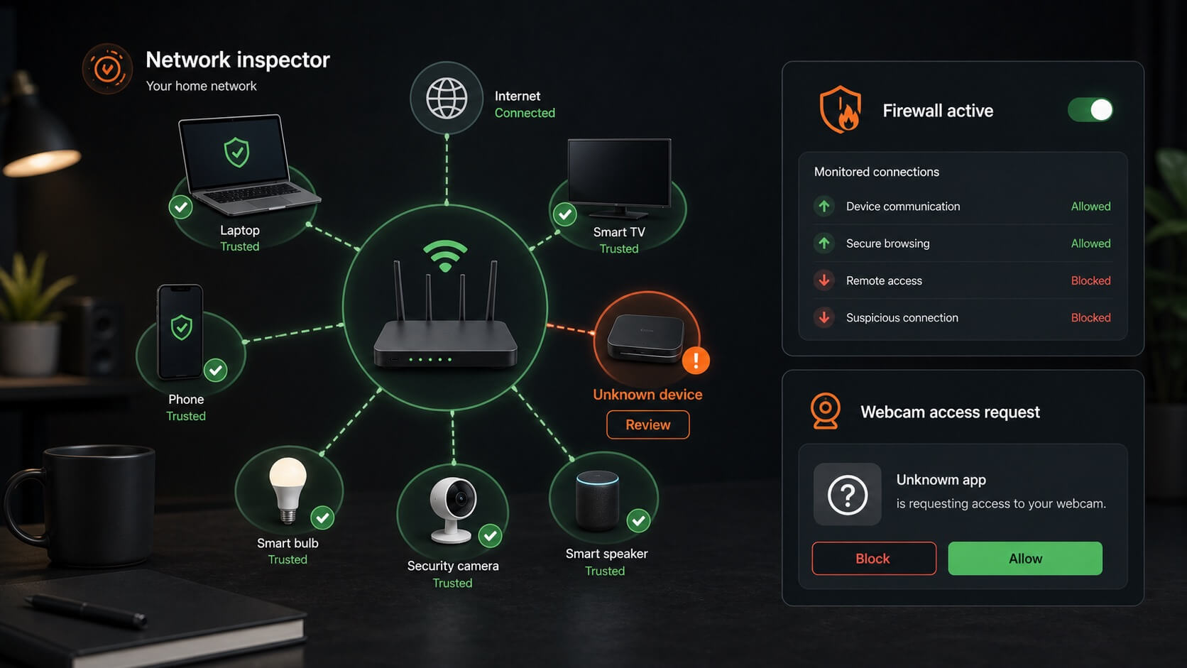 Illustration of a home network inspector, firewall controls, and a webcam access request