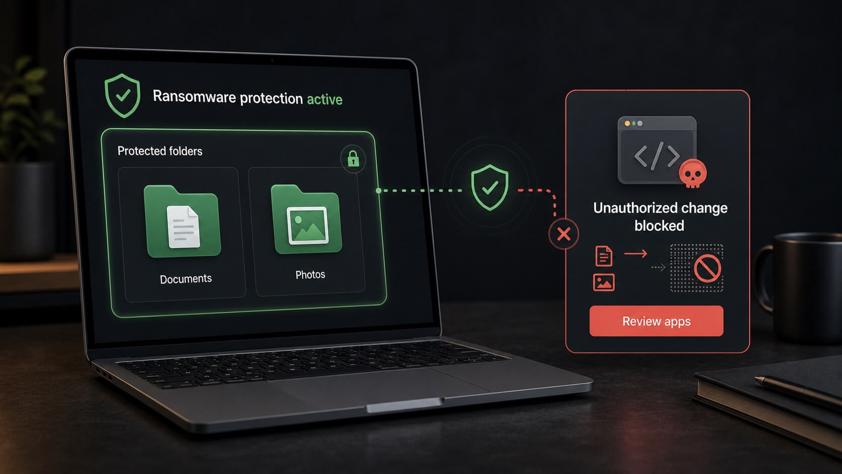 Illustration of protected document and photo folders blocking an unauthorized file change