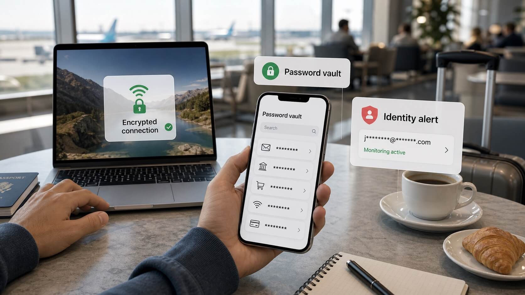 Airport traveler using an encrypted laptop connection, password vault, and identity monitoring alert