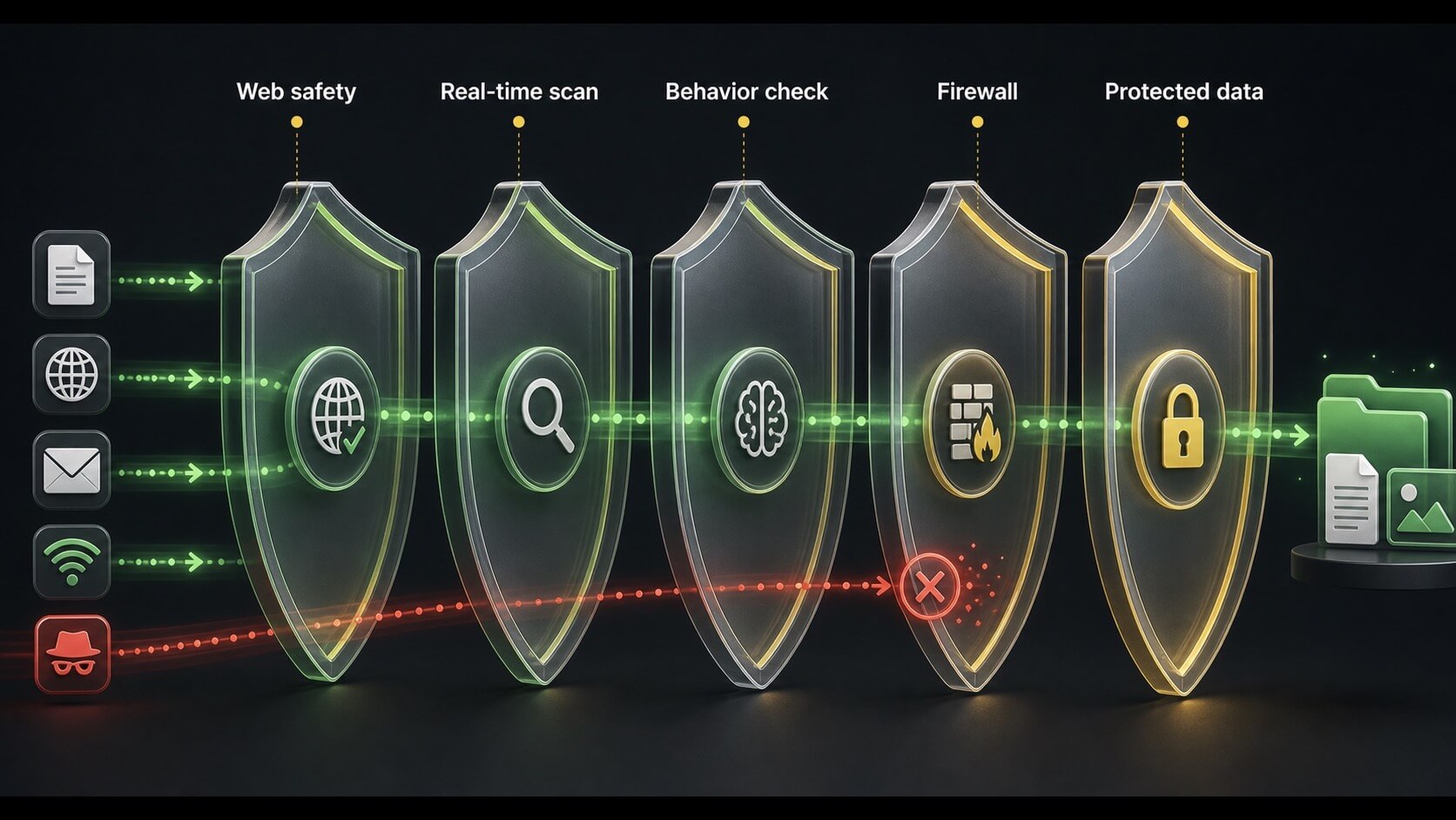 Diagram of web, real-time, behavior, and firewall checks filtering activity before it reaches protected files